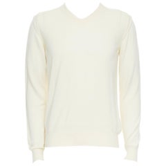 Maison MARGIELA Maglione con scollo a V e maniche sovrapposte in 100% lana color crema M.I.