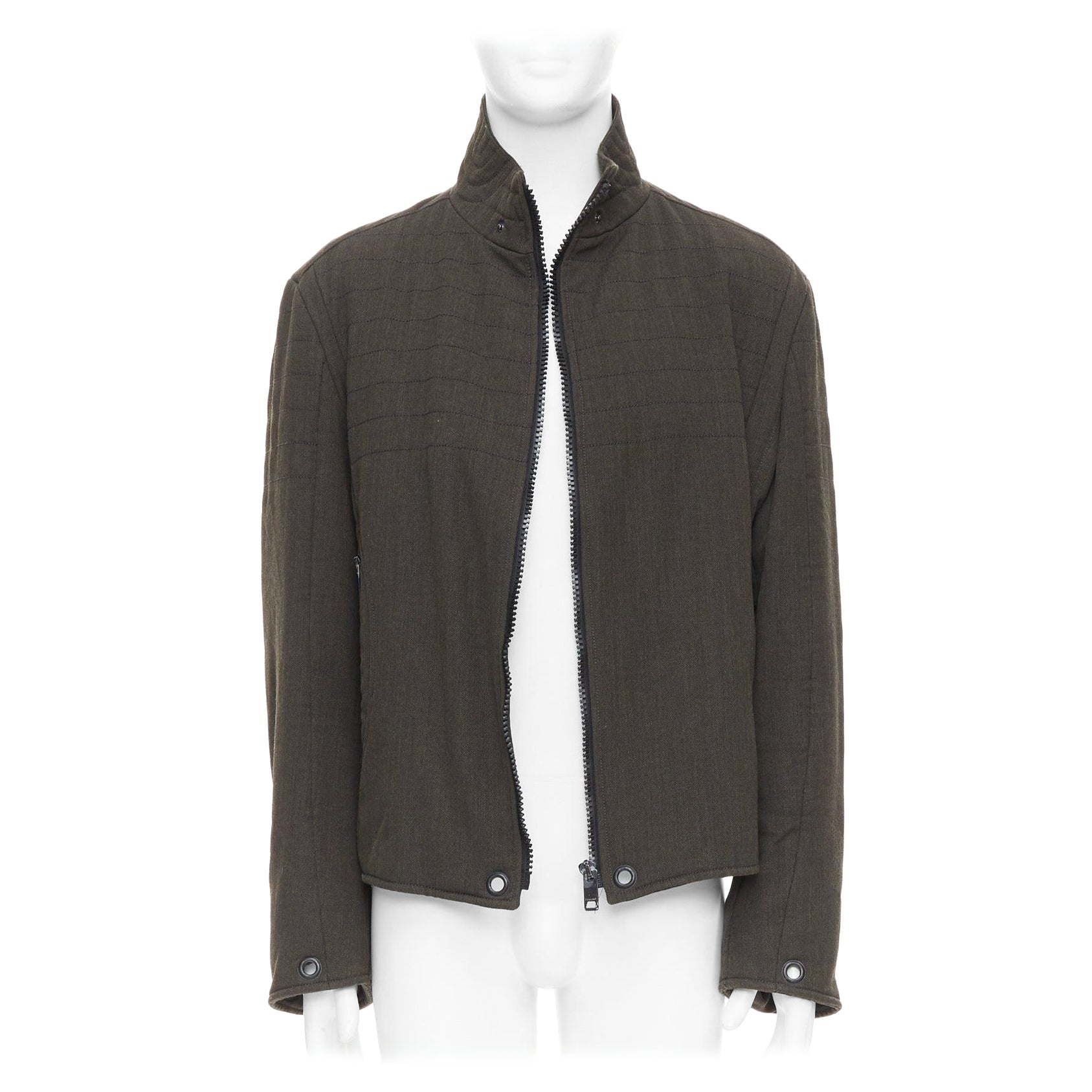Burberry giacca biker in misto lana verde cachi e nera con zip e impunture IT48 M.