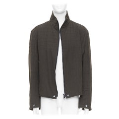 Burberry giacca biker in misto lana verde cachi e nera con zip e impunture IT48 M.