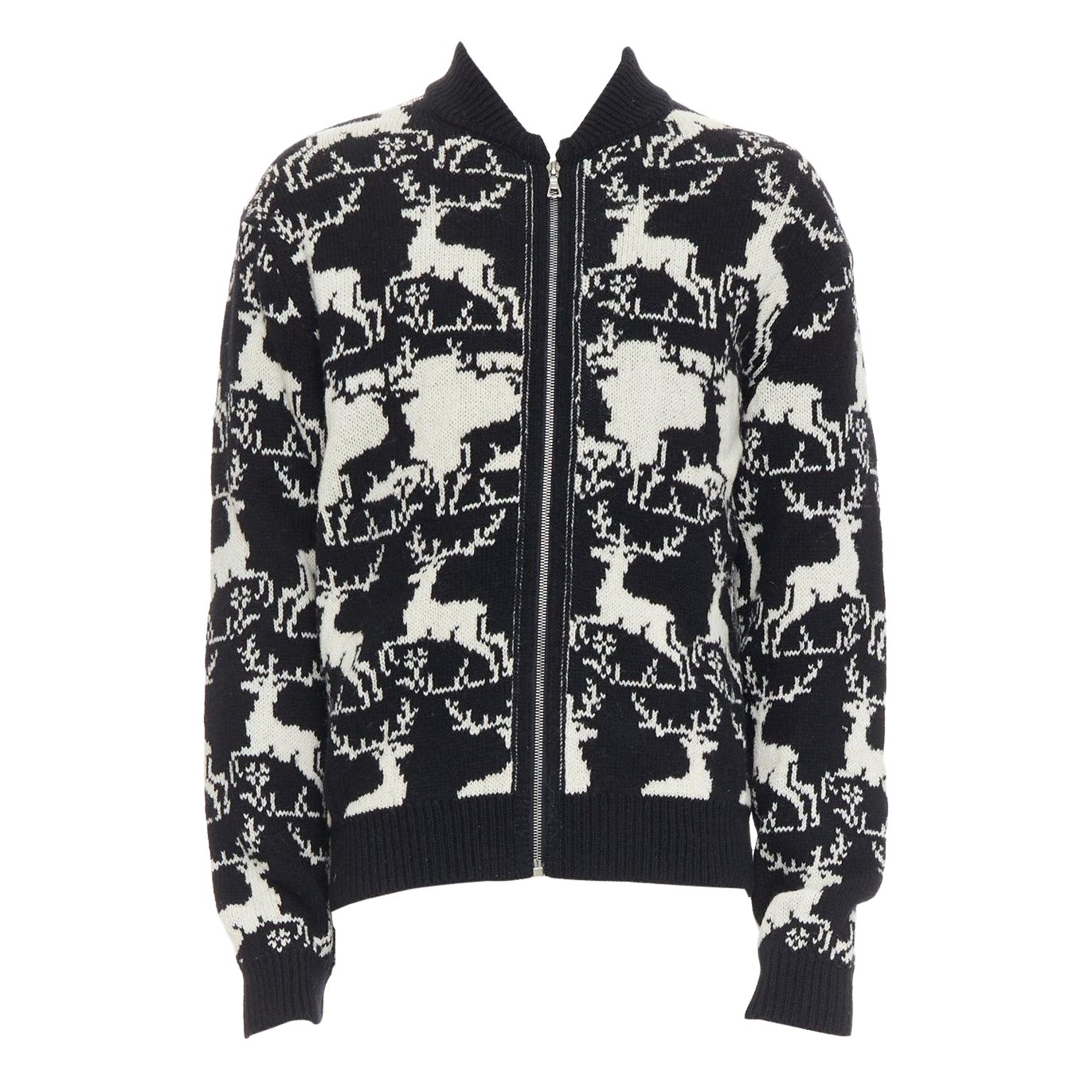 DRIES VAN NOTEN Veste zippée en laine de renne intarsia noir et blanc M