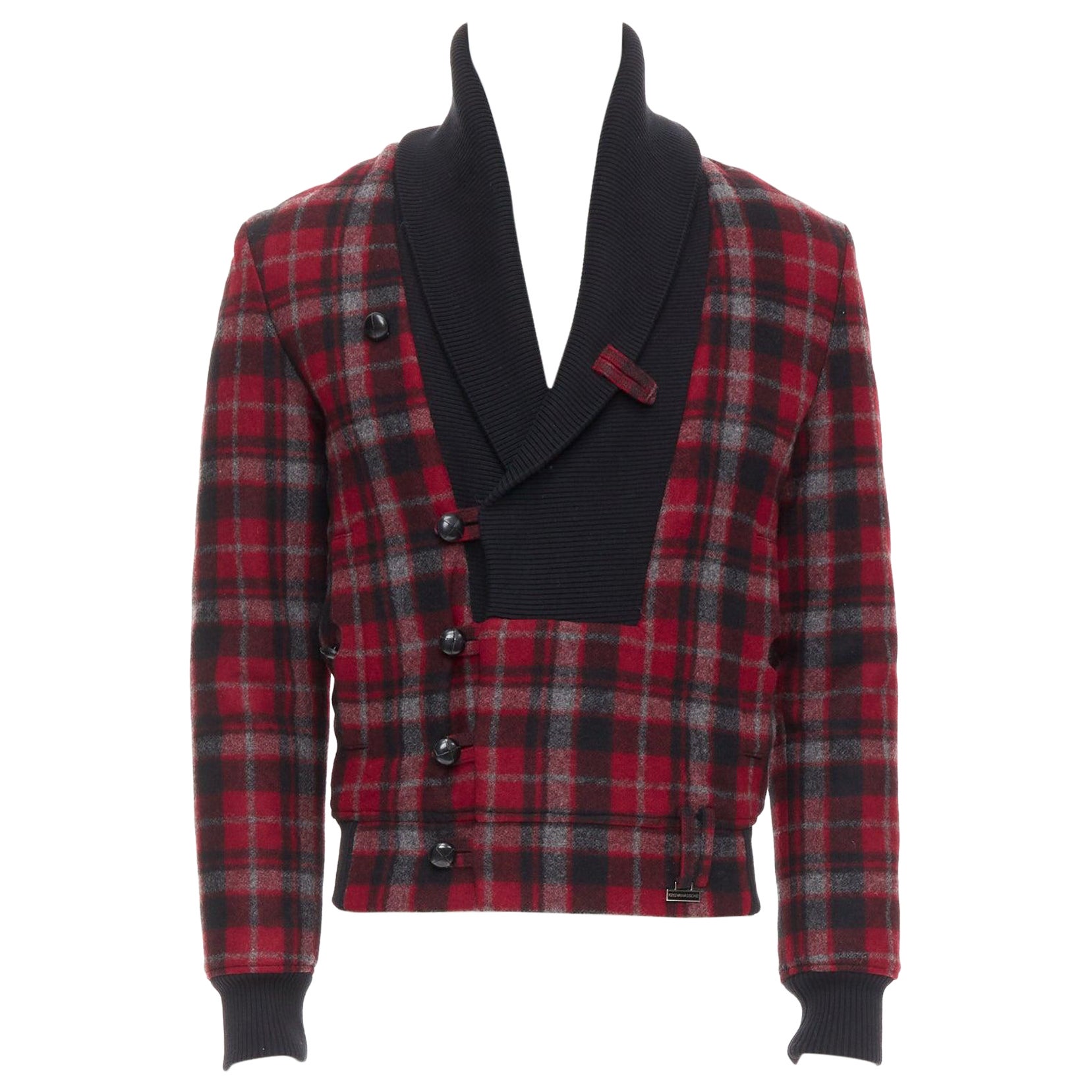 KRIS VAN ASSCHE red black virgin wool checkered cotton trim bomber IT46 S For Sale