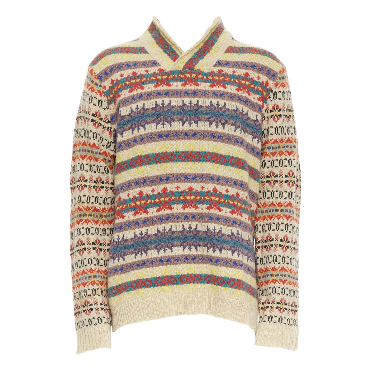 DRIES VAN NOTEN beige striped fairisle shetland wool sweater L For Sale