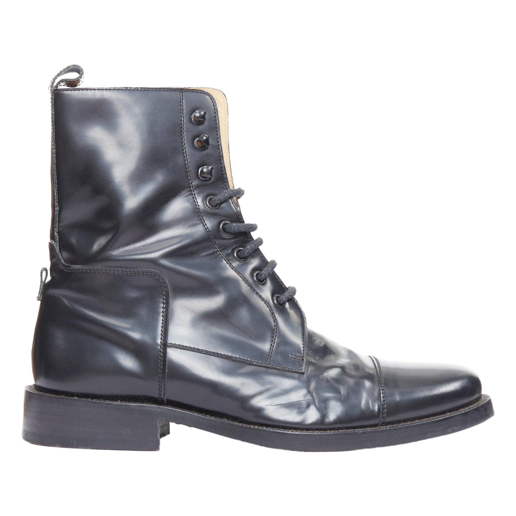 BALENCIAGA black polished leather lace up topstitch combat boots EU41 For Sale