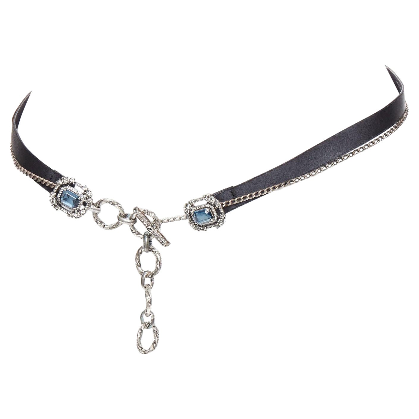 LANVIN Textile blue rhinestone jewel silver chain black fabric belt For Sale