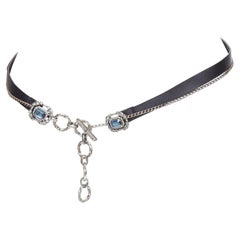 LANVIN Cinturón textil azul joya de strass cadena de plata tejido negro