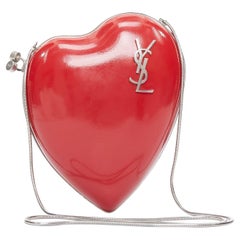SAINT LAURENT Love Box red patent silver YSL logo heart box clutch chain bag