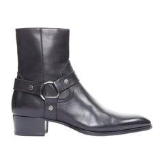 SAINT LAURENT Wyatt black smooth leather silver harness ankle boot EU45