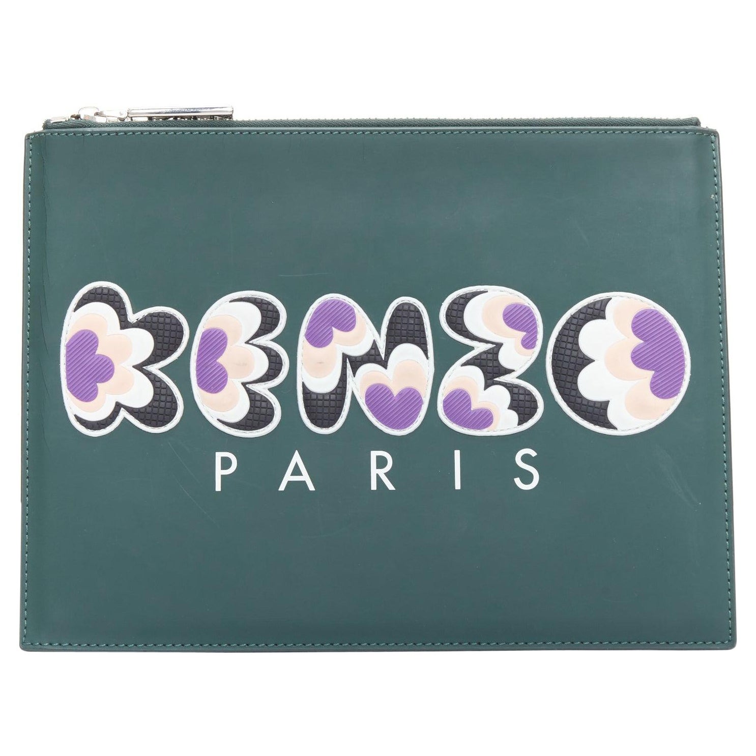 KENZO dunkelgrüne lila Portfolio-Reißverschluss-Clutch mit geprägtem Gummilogo
