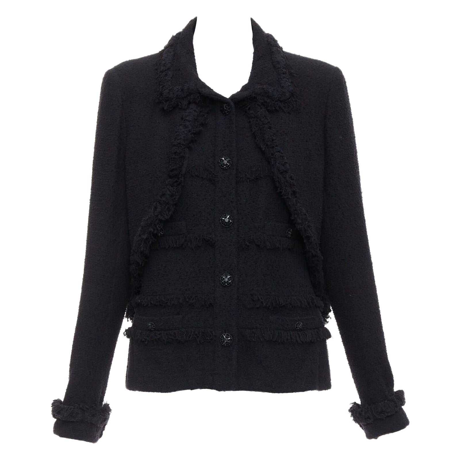 CHANEL 08A Chaqueta de 4 bolsillos en capas FR46 con ribete de flecos de tweed Runway