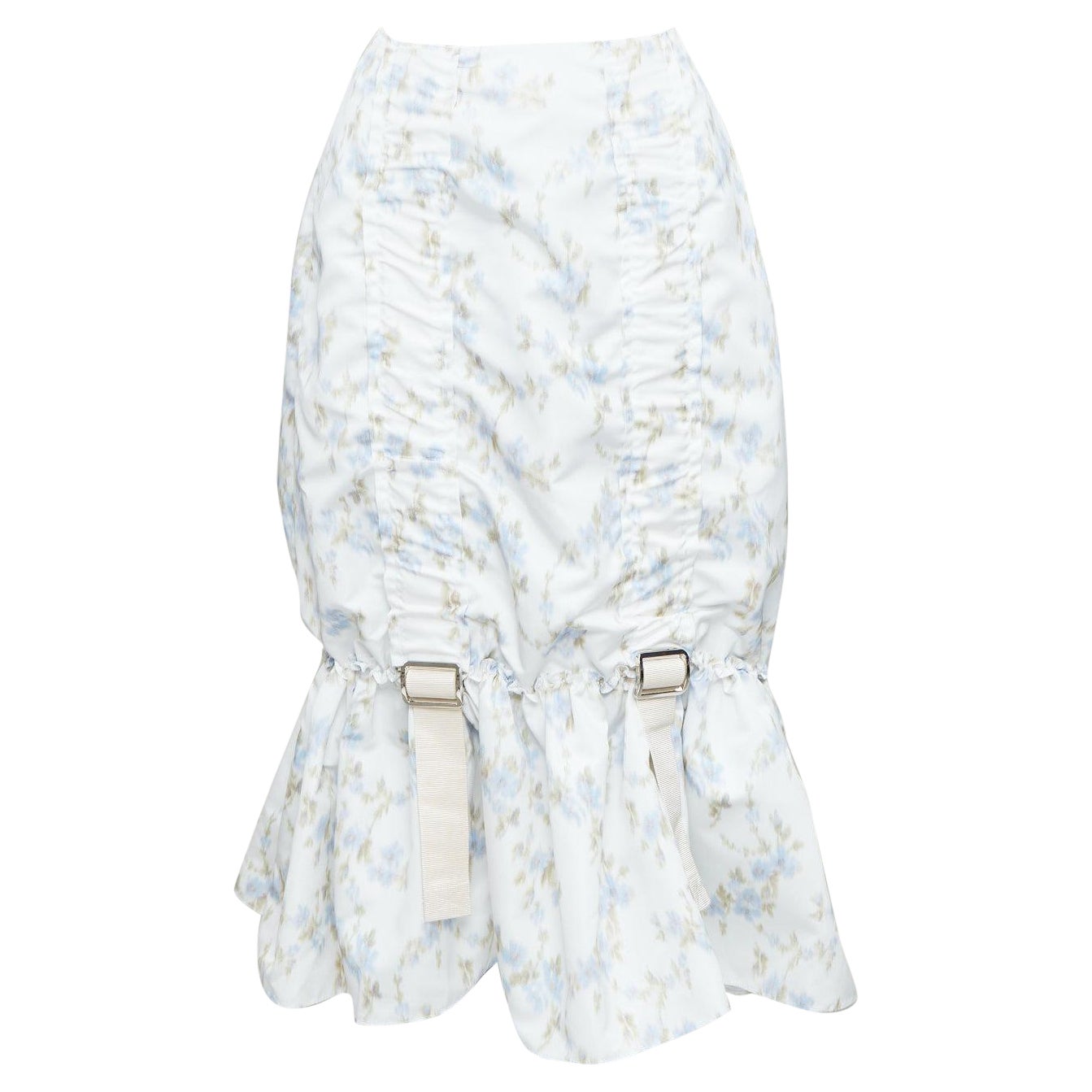 SIMONE ROCHA white blue floral print ruched web trim midi skirt UK4 XXS For Sale