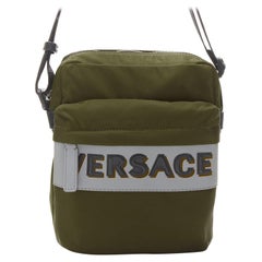 VERSACE reflective logo green nylon Greca strap crossbody messenger bag