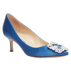 MANOLO BLAHNIK Hangisi 50 blue satin crystal buckle teacup heeled pumps EU36.5