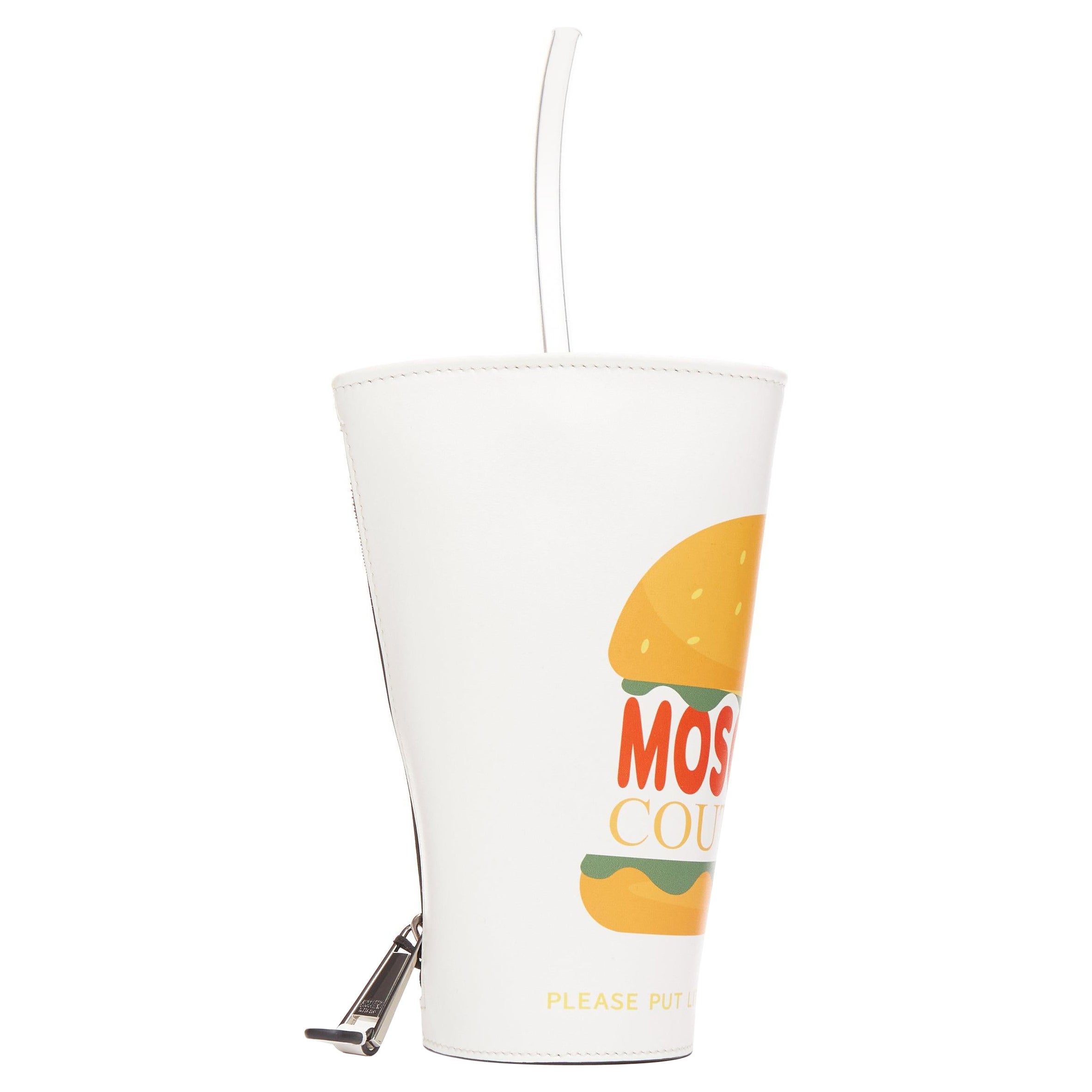MOSCHINO 2022 Runway Jeremy Scott Burger Logo fast food cup zip clutch bag For Sale