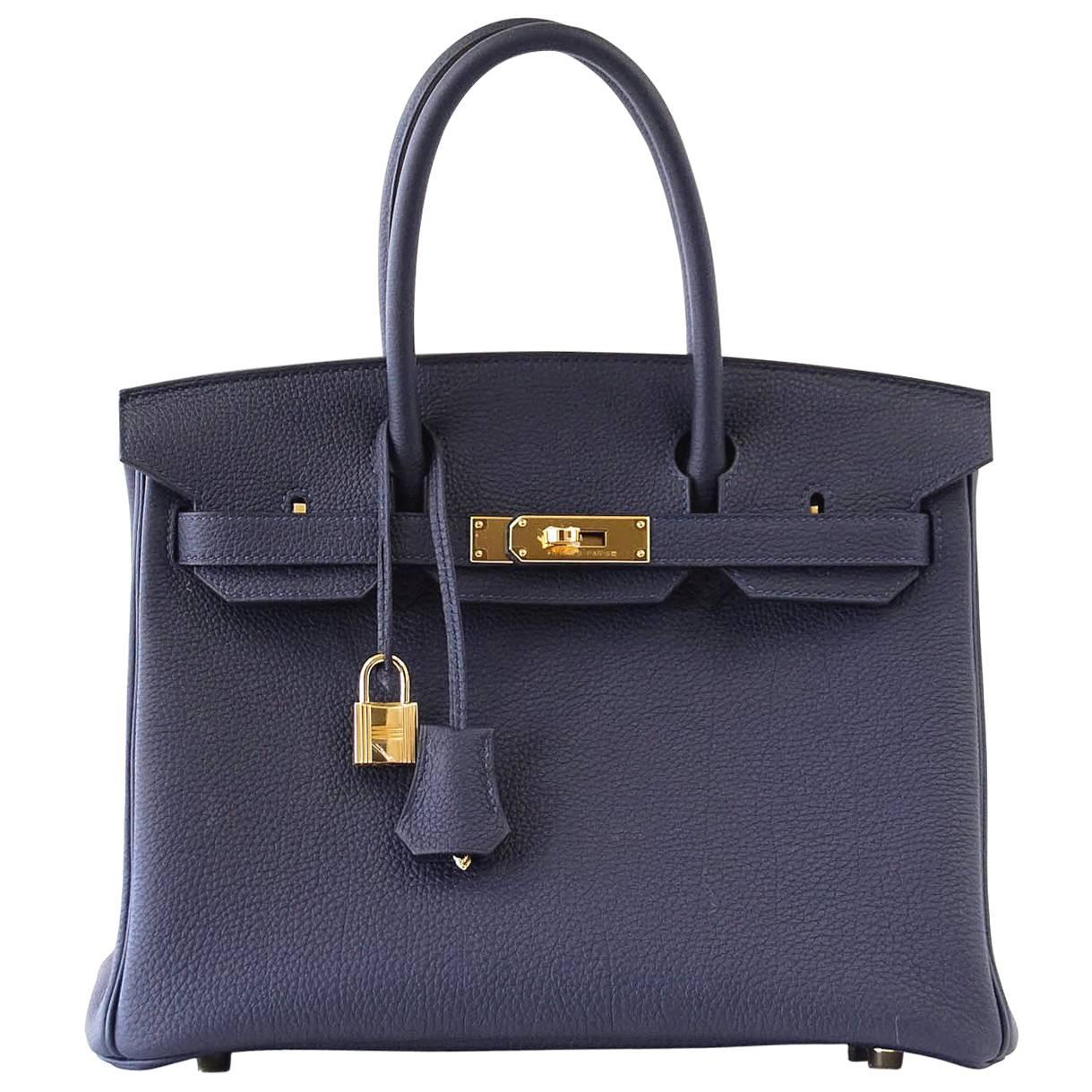 Hermes Birkin 30 Bag Blue Nuit Gold Hardware Togo Leather 