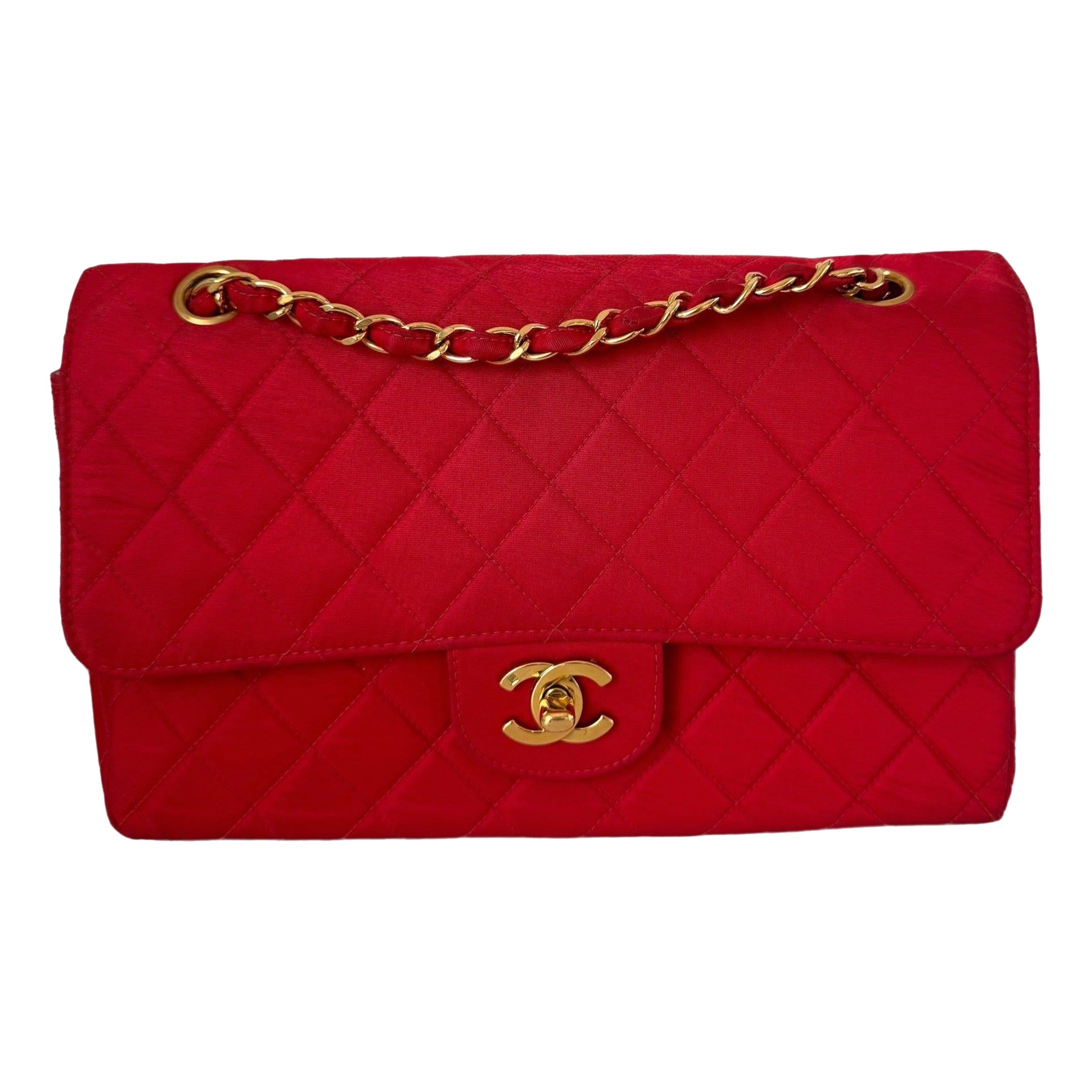 Chanel Classic Flap Medium Vintage Red Nylon Satin with 24k Gold Plated HW For Sale