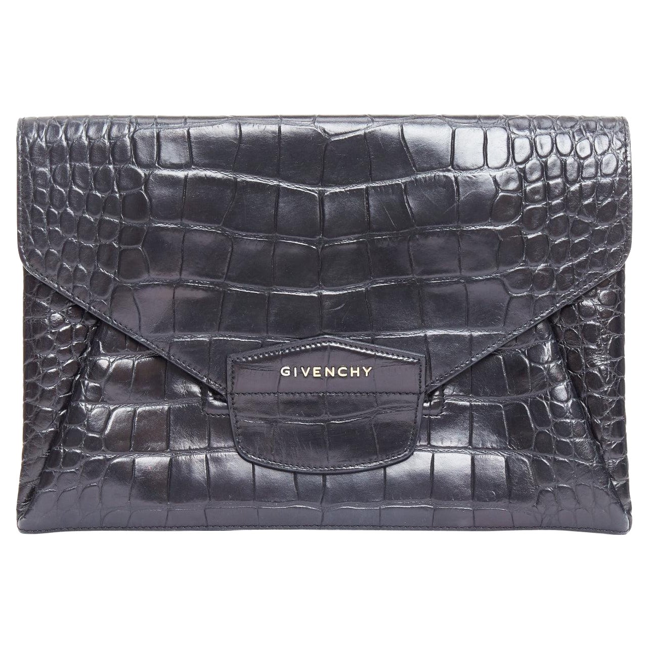 GIVENCHY Antigona black embossed leather silver logo envelope clutch For Sale