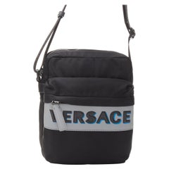 VERSACE reflective logo black nylon Greca strap crossbody messenger bag