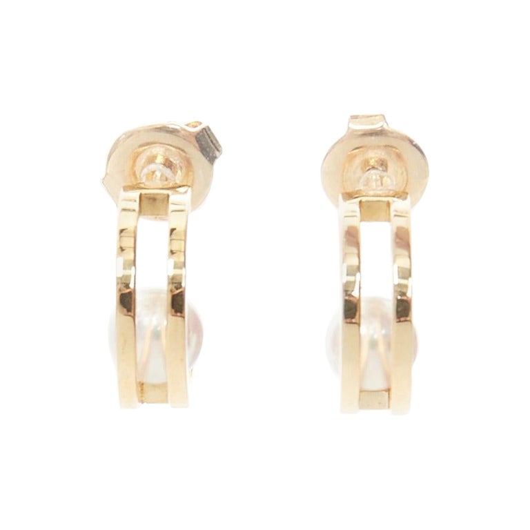 MIKIMOTO 18K yellow gold Akoya Pearl double hoop pin earring Pair For Sale