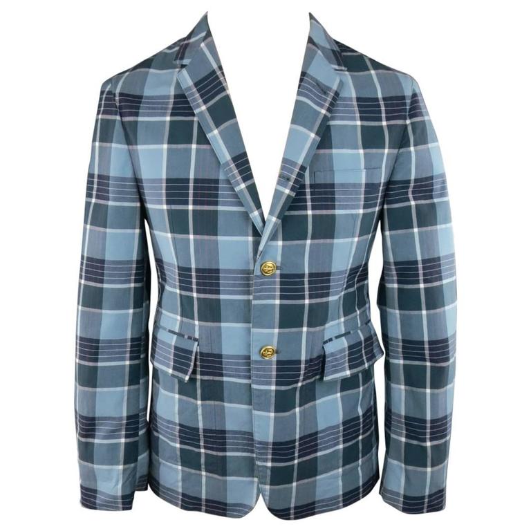 Men's THOM BROWNE Sport Coat 38 Teal Blue Plaid Gold Anchor Button