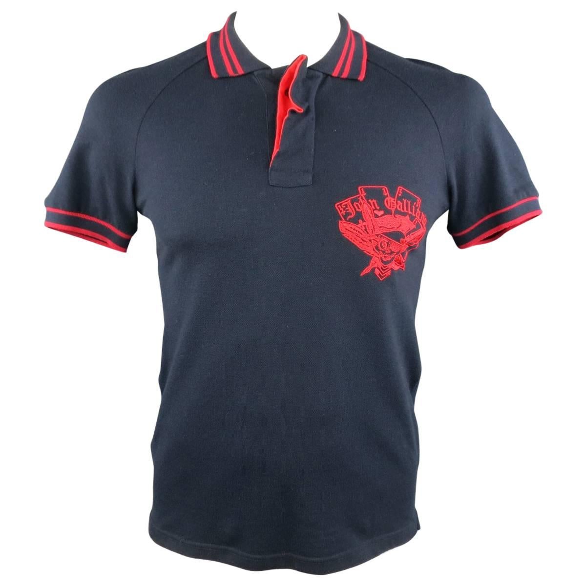 JOHN GALLIANO Size S Navy & Red Skull & Cards Logo Pique Ruffle Closure Polo