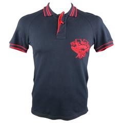 JOHN GALLIANO Size S Navy & Red Skull & Cards Logo Pique Ruffle Closure Polo 8