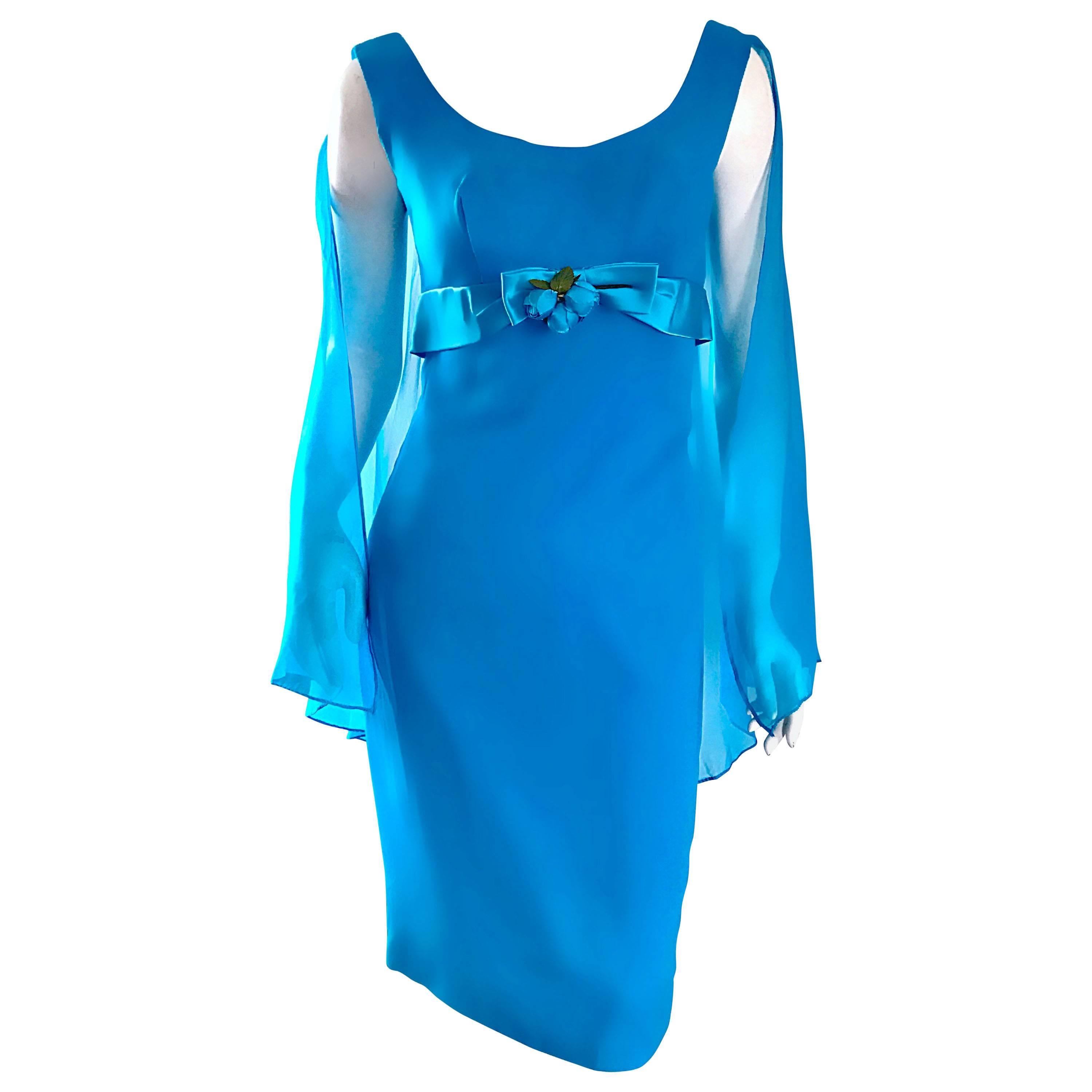 Amazing 1960s Turquoise Blue Chiffon Vintage Wiggle 60s Dress w/ Attached Cape For Sale