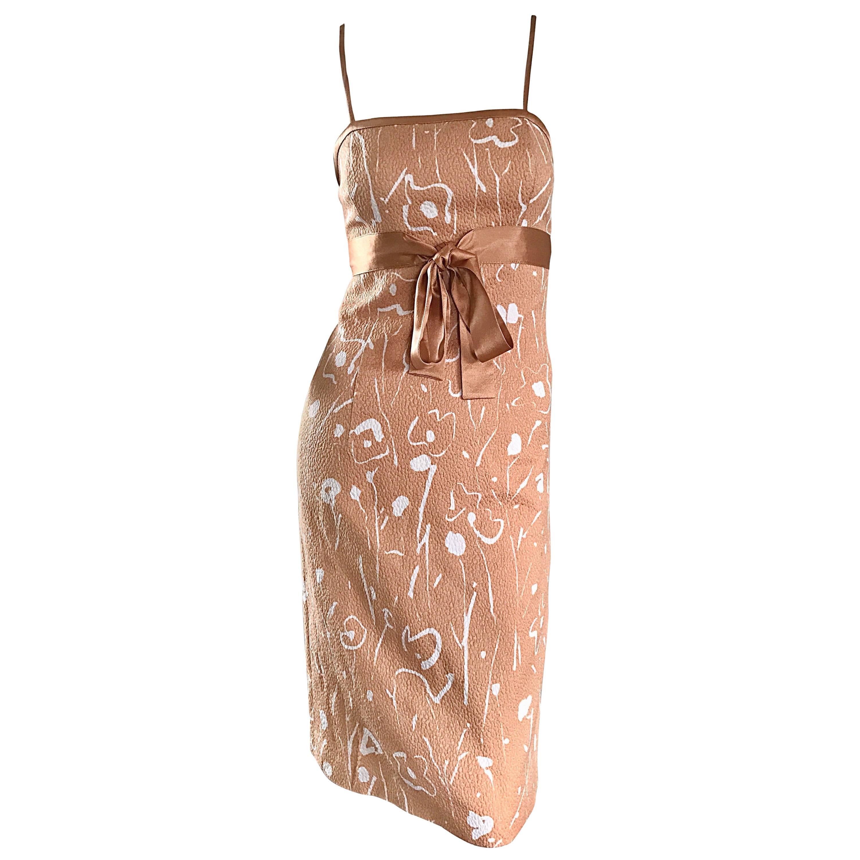 1990s Luca Luca Italian Peach Pink White Floral Abstract Silk Sleeveless Dress For Sale