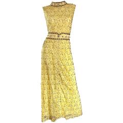 Yellow Silk Lace Beaded Pearl Sequin High Neck Vintage Gown, 1960s