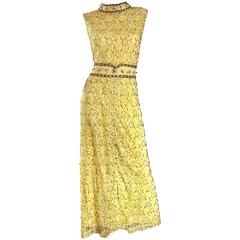 Yellow Silk Lace Beaded Pearl Sequin High Neck Vintage Gown, 1960s 