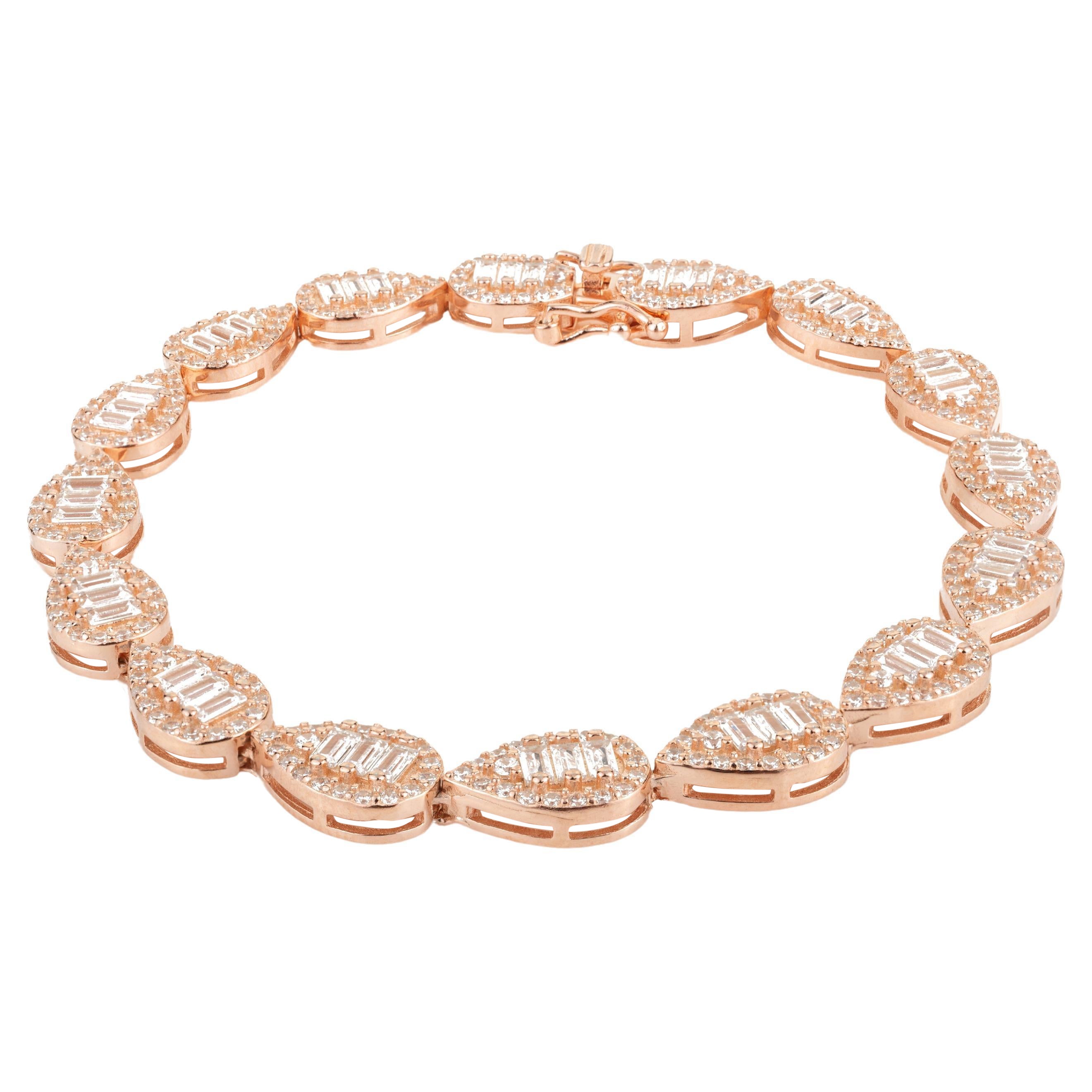 Rose Gold Plated Silver Cubic Zirconia Pear Tennis Bracelet Gift for Engagement For Sale