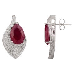 Rhinestone Red Pear Leaf Stud Earrings Anniversary for Women in Silver Jewelry