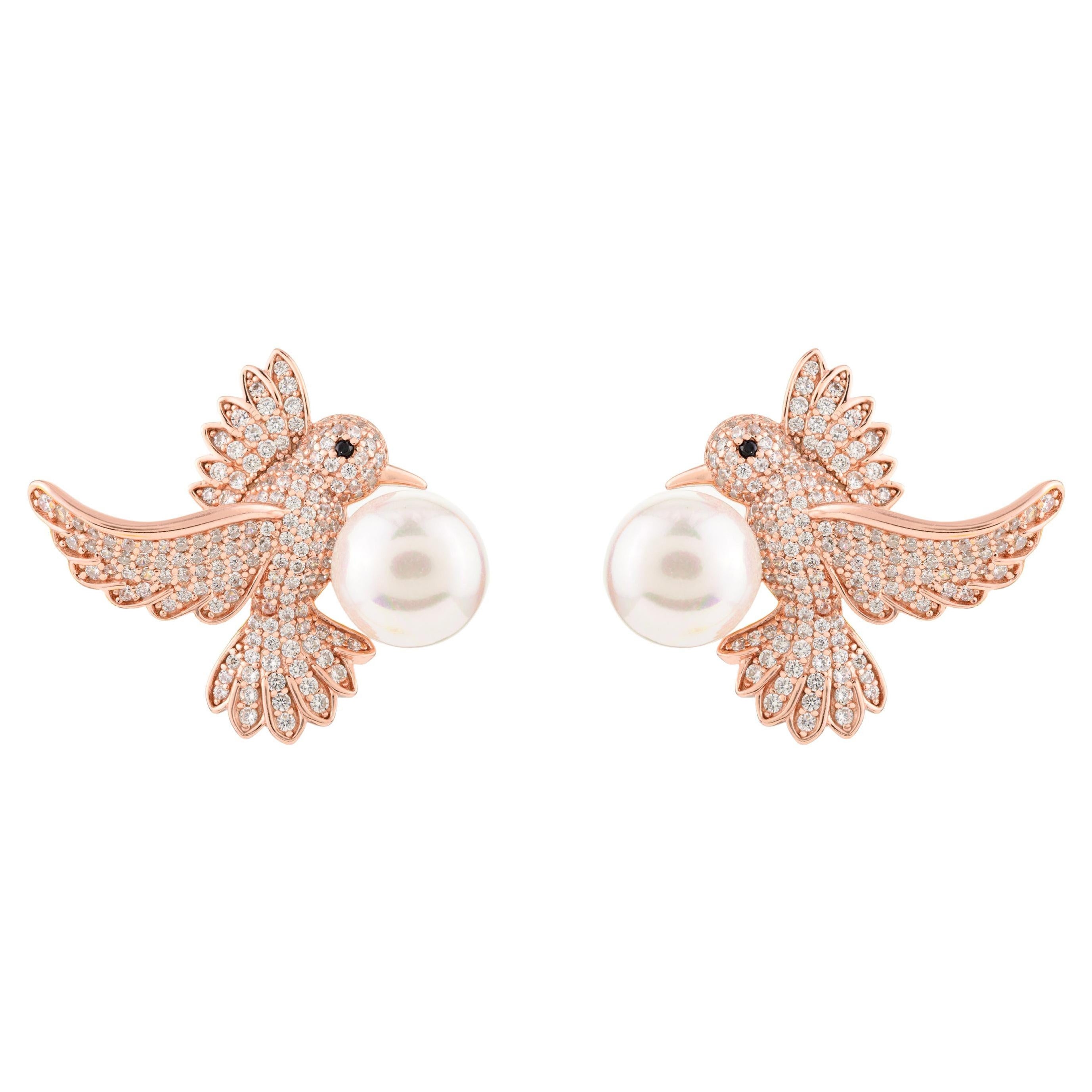 Rose Gold Plated 925 Silver Pave Zircon Hummingbird Stud Earrings with Pearl For Sale