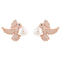 Rose Gold Plated 925 Silver Pave Zircon Hummingbird Stud Earrings with Pearl