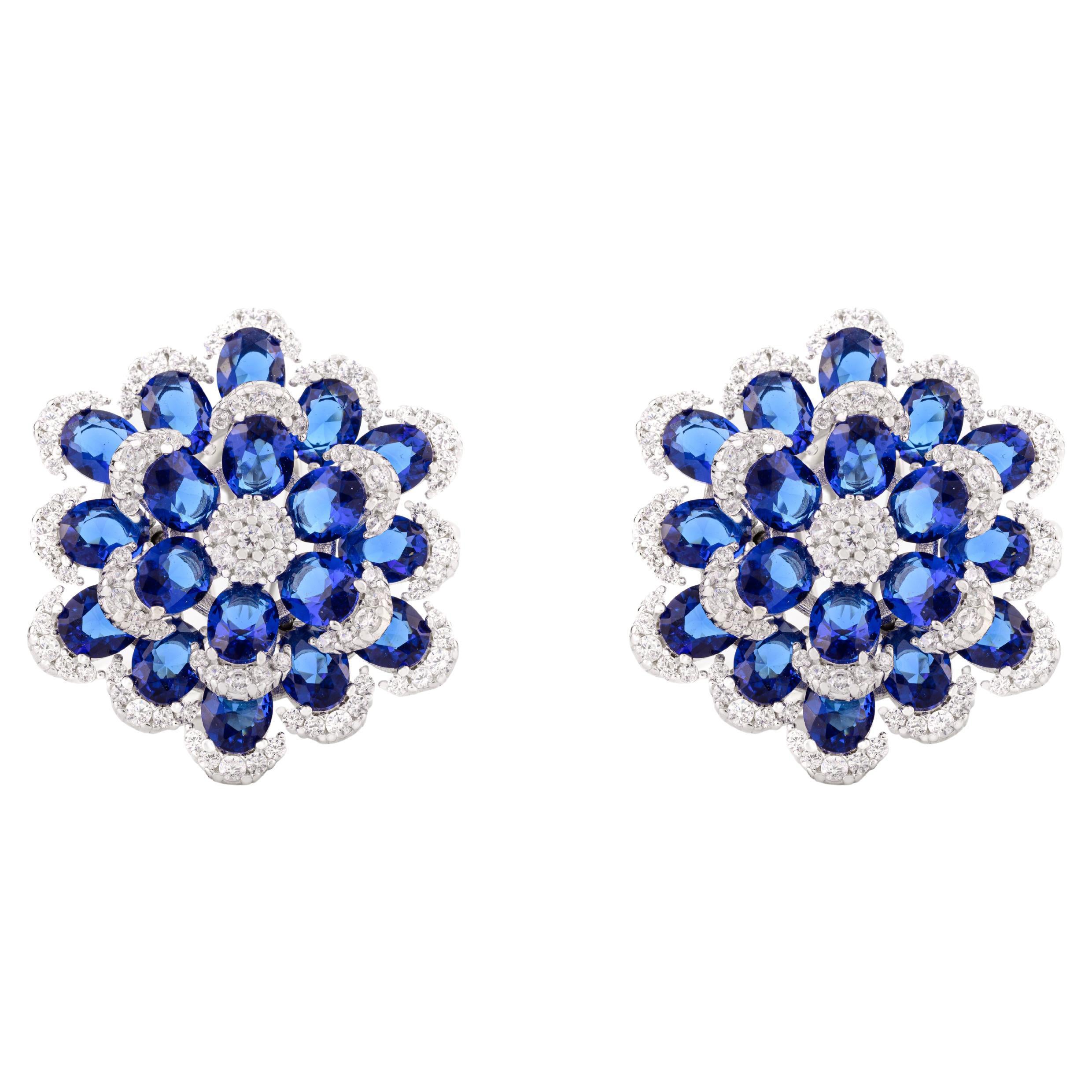 Silver Vibrant Blue Color Zircon Floral Stud Earrings Fashion Jewelry for Mom For Sale