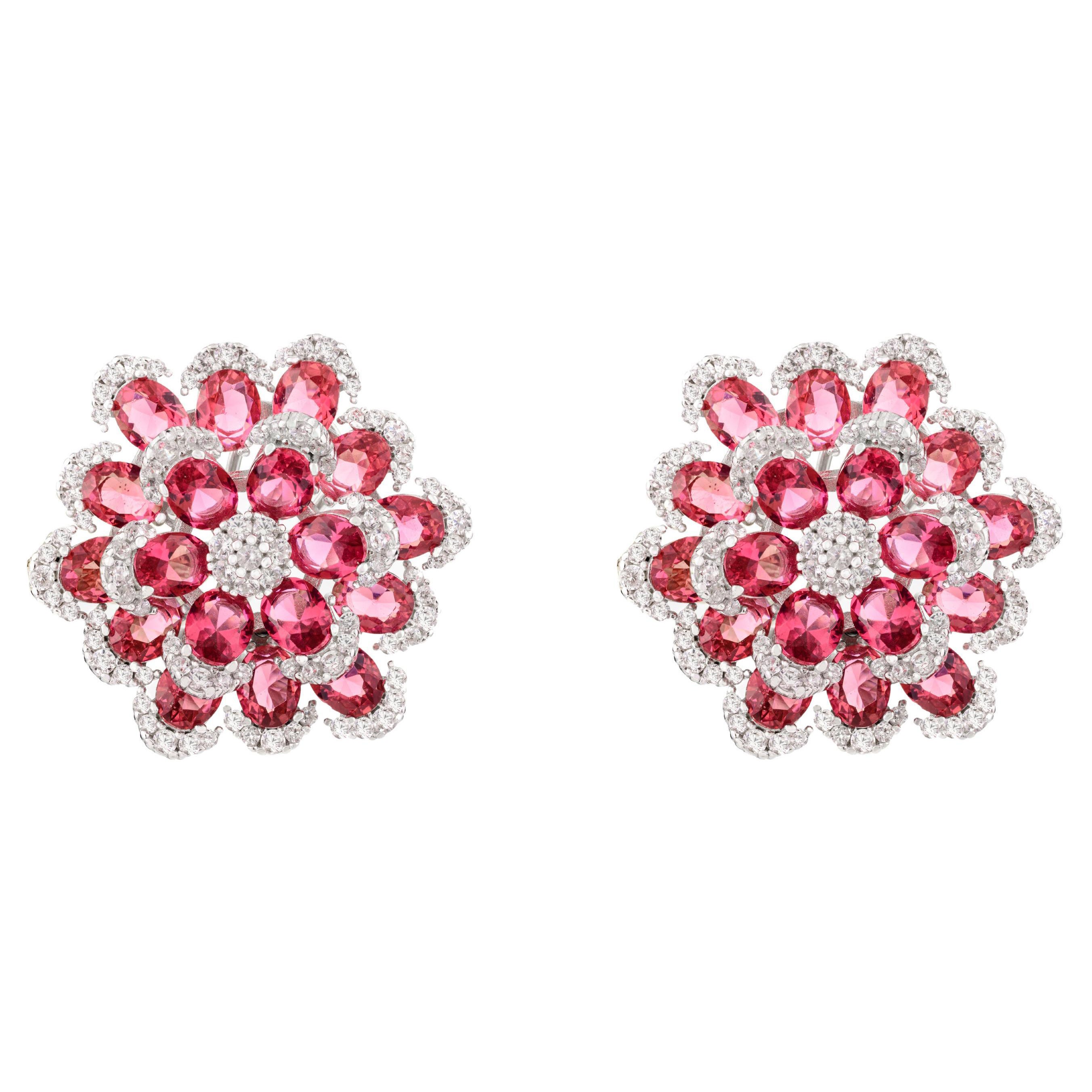 Rhinestone Redcolor Flower Pushback Stud Earrings in 925 Sterling Silver for Mom For Sale