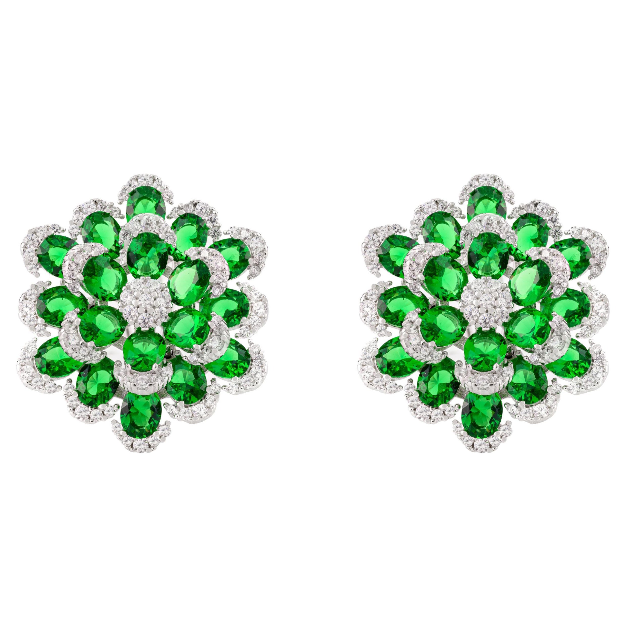Vivid Green Statement Rhinestone Floral Stud Earrings in Sterling Silver for Mom For Sale