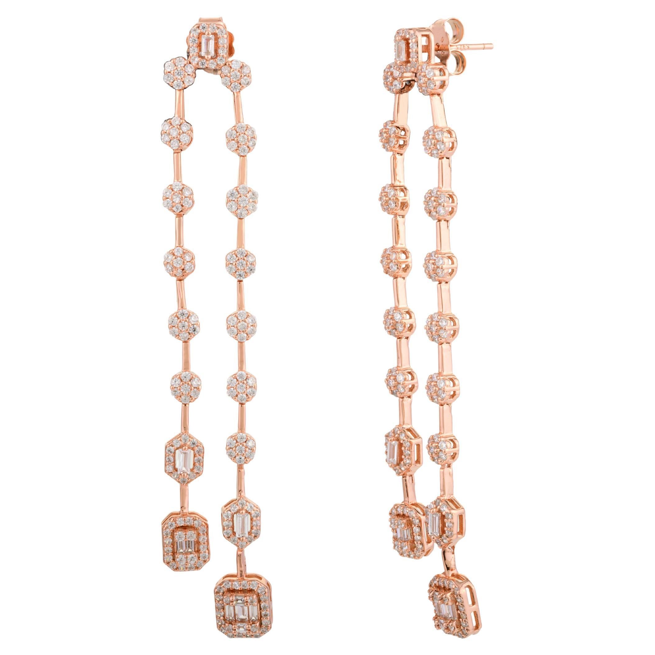 Rose Gold Plated 925 Silver Rhinestone Linear Long Dangle Drop Earrings for Mom For Sale