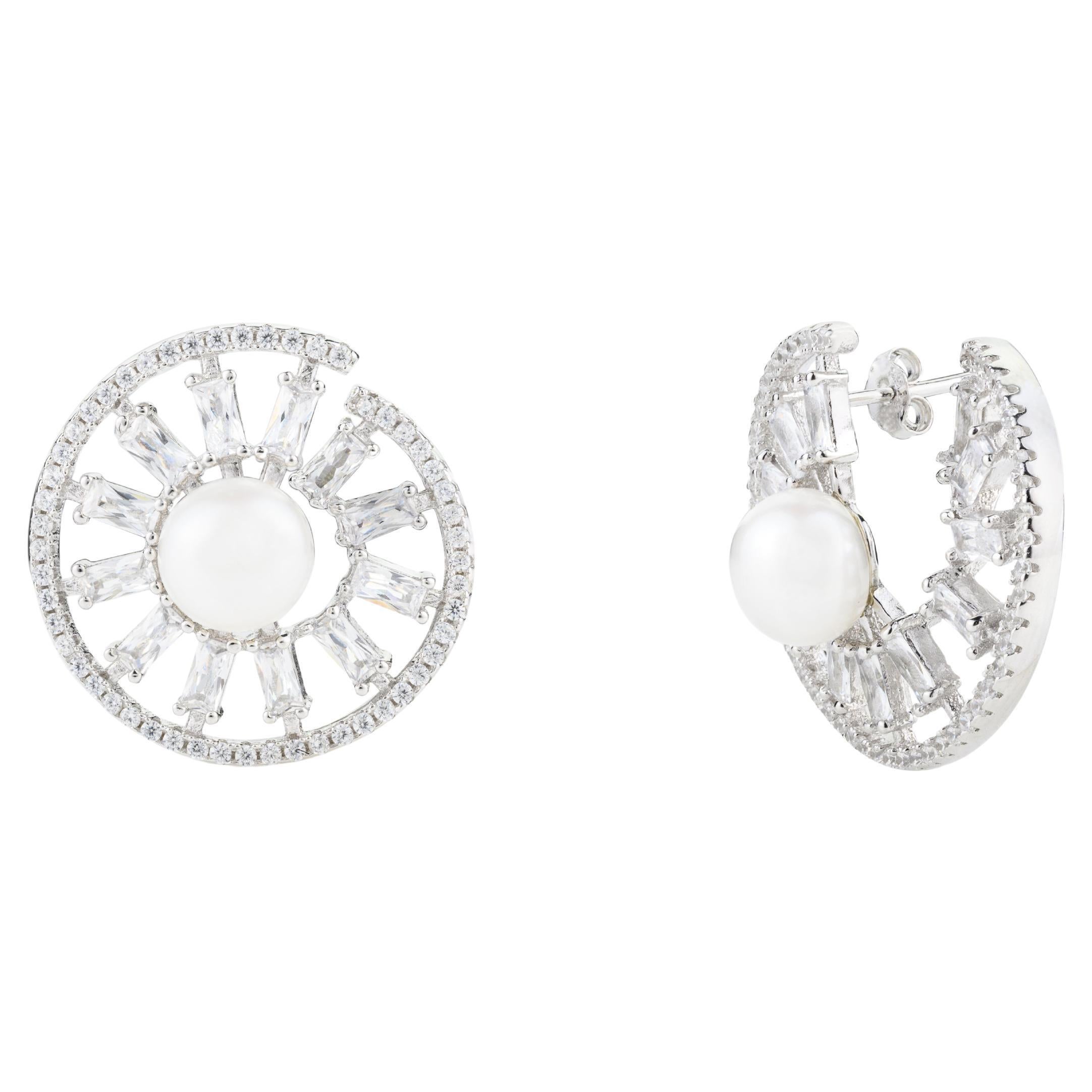Cubic Zirconia Pearl Wheel of Fortune Stud Earrings in Sterling Silver for Mom For Sale