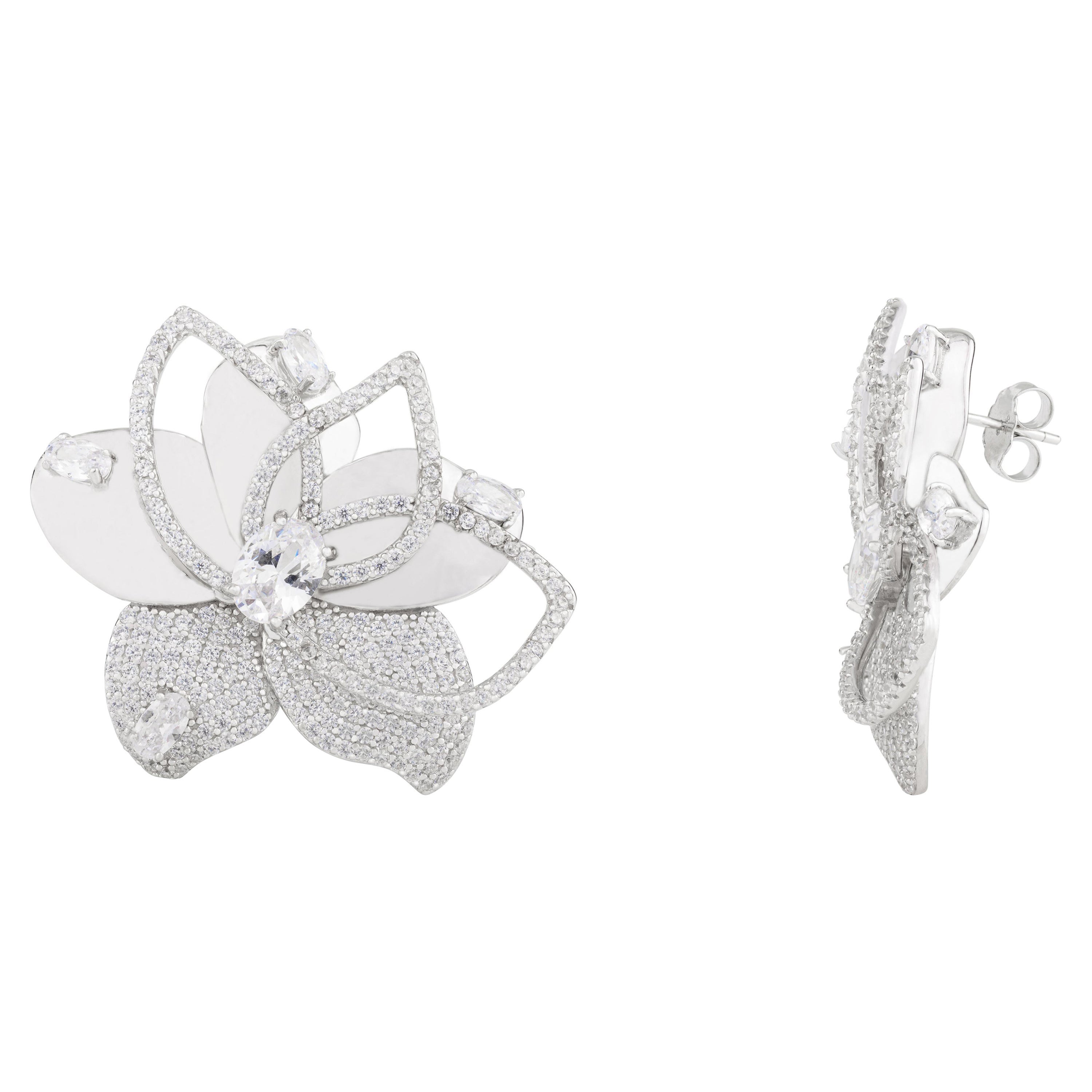 Pave Lotus Flower Stud Zircon Sterling Silver Earrings Jewelry for Mothers Day For Sale