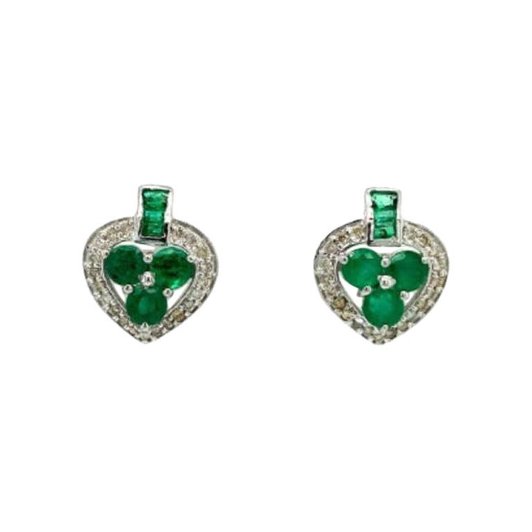 Dainty Emerald Diamond Heart Stud Earrings in 925 Sterling Silver for Mom Gift