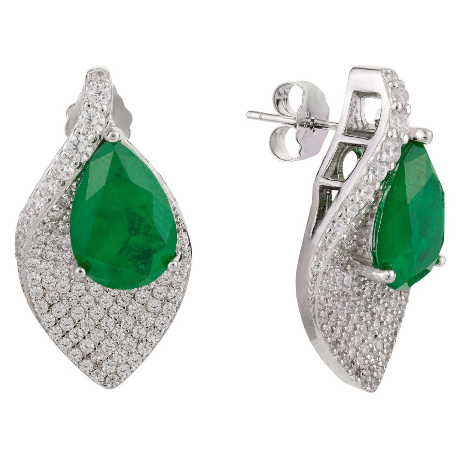 Pave Set CZ and Green Pear Leaf Shape Stud Earrings for Mom in Sterling Silver For Sale