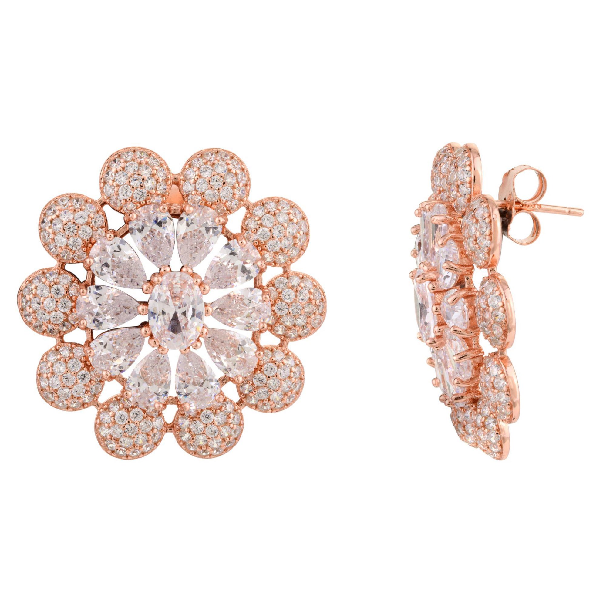 Rose Gold Plated 925 Silver Brilliant Cut Zirconia Floral Stud Earrings for Mom For Sale