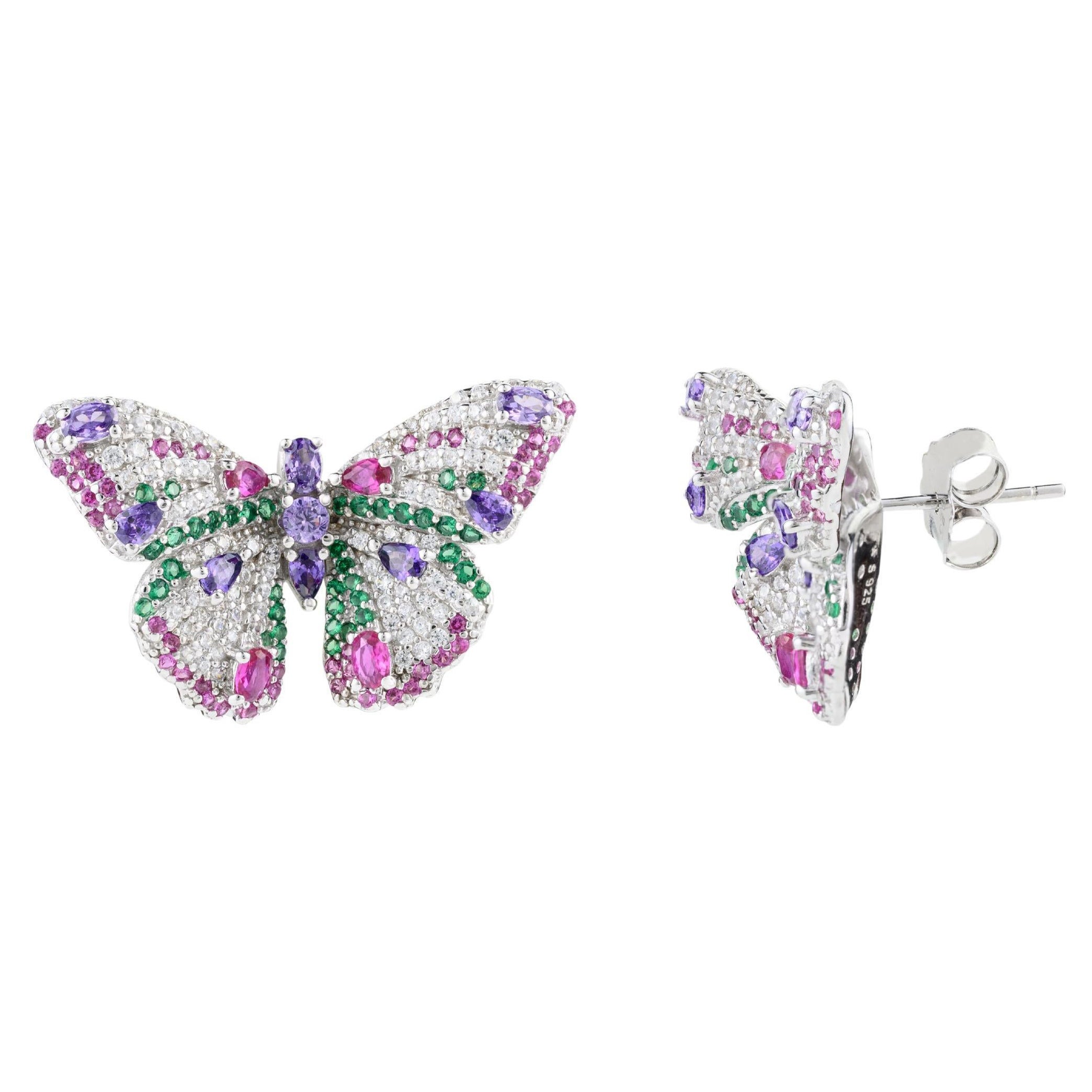Multicolor Cubic Zirconia Butterfly Stud Earrings for Graduation Gift in Silver For Sale