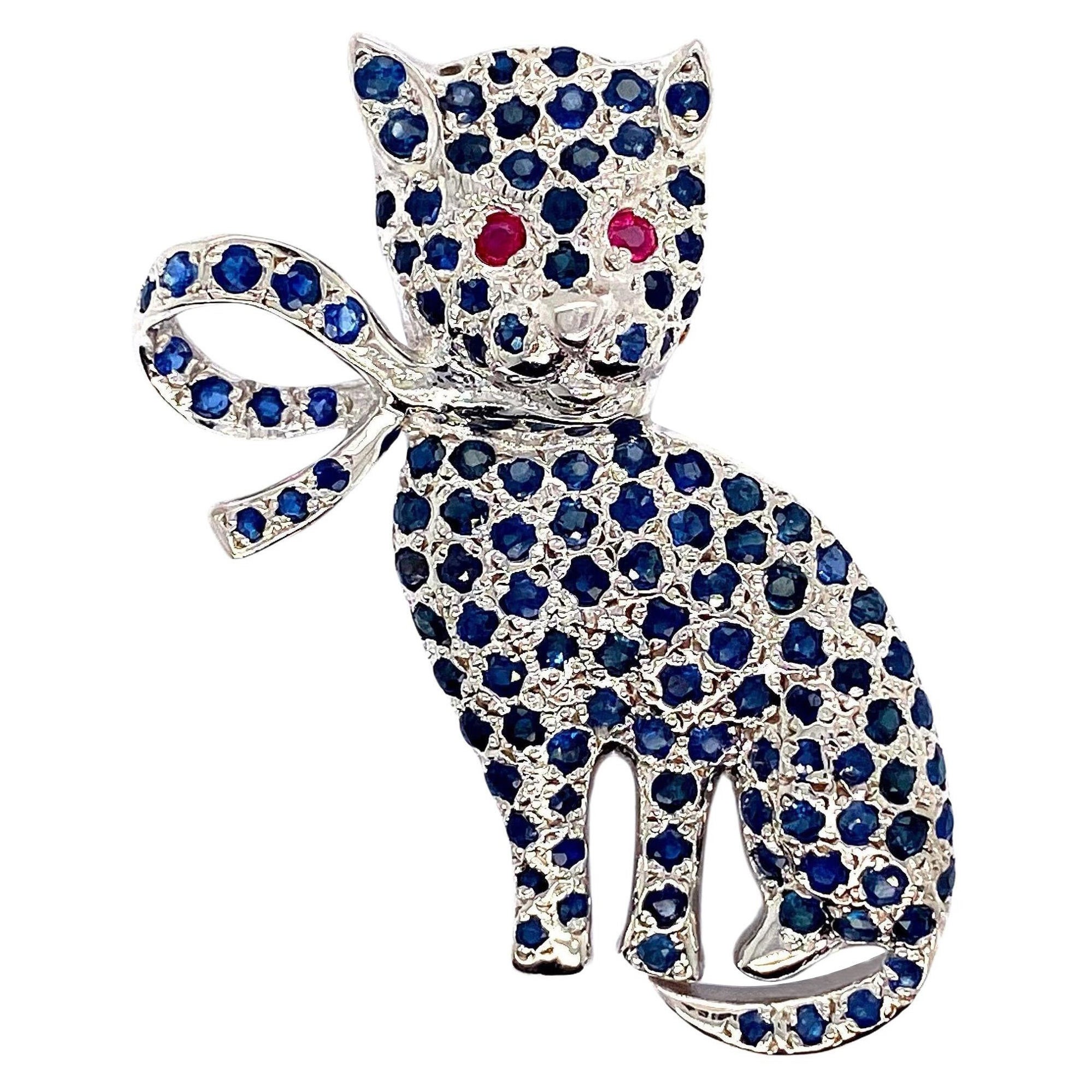Unique Ruby and Sapphire Cat Sterling Silver Brooch Gift