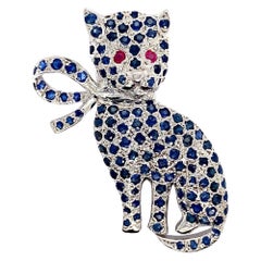 Unique Ruby and Sapphire Cat Sterling Silver Brooch Gift