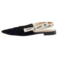 Dior Navy Blue Velvet J'adior Slingback Flats Size 37.5