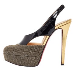 Christian Louboutin Black/Gold Patent and Mesh Platform Slingback Pumps Size 37