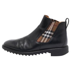 Burberry Black Used Check Detail Leather Chelsea Boots Size 45