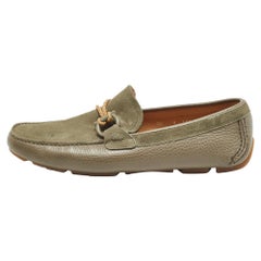 Salvatore Ferragamo Grey/Green Suede and Leather Drivers Loafers Size 42