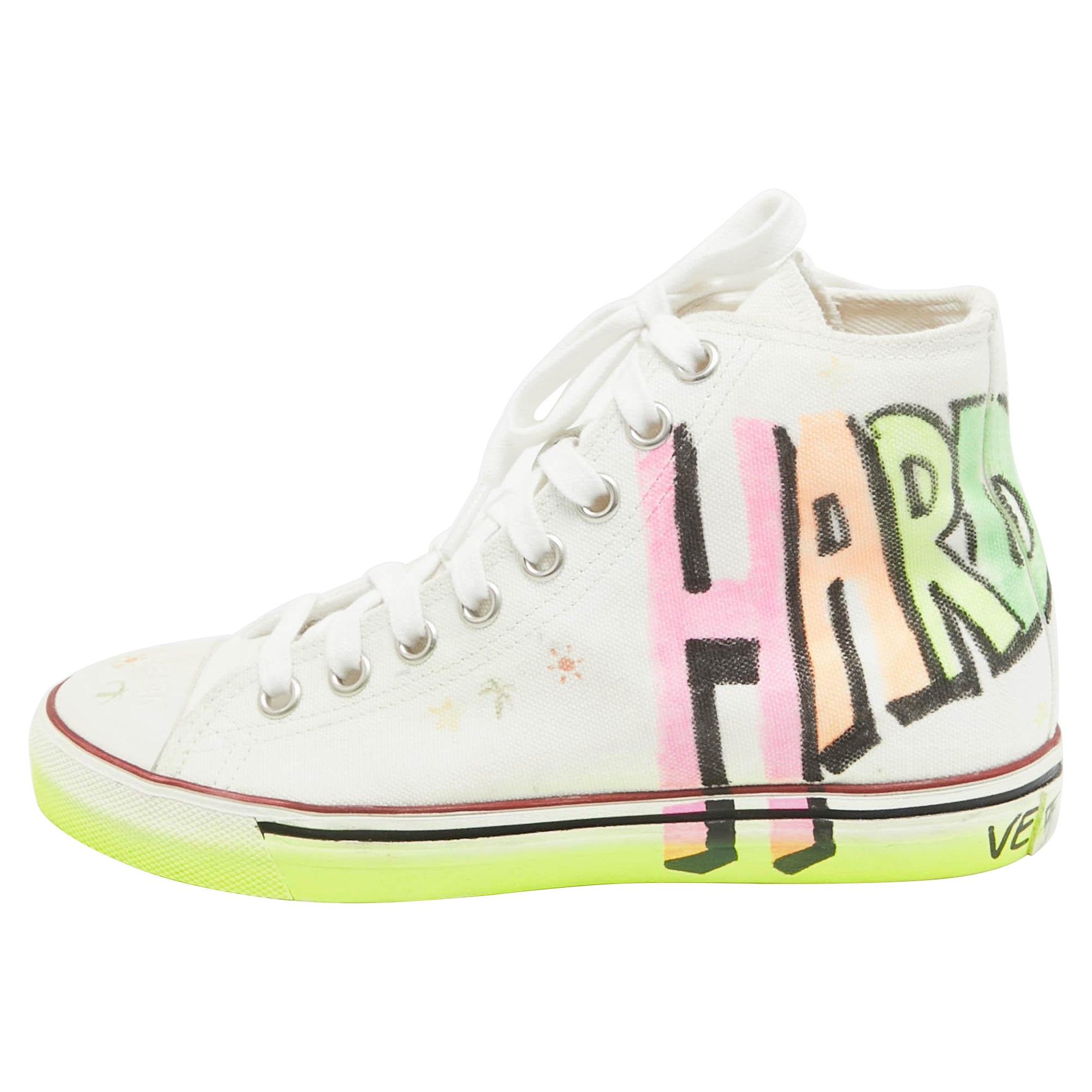 Vetements White Canvas Printed Hard Core Happiness High Top Sneakers Size 36.5 For Sale